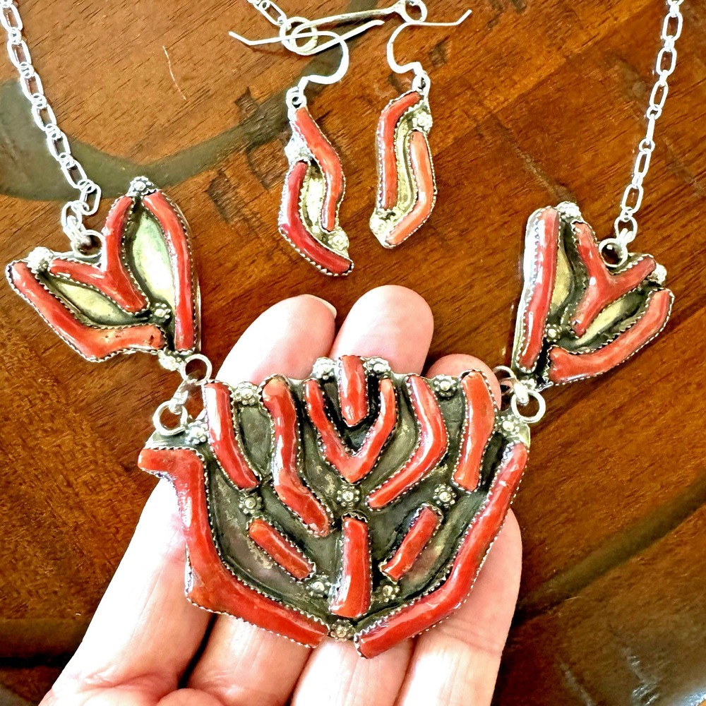 BIG Navajo Necklace Set Red Branch Coral 20" Signed‎ Tsabetsaye Adjust Sterling